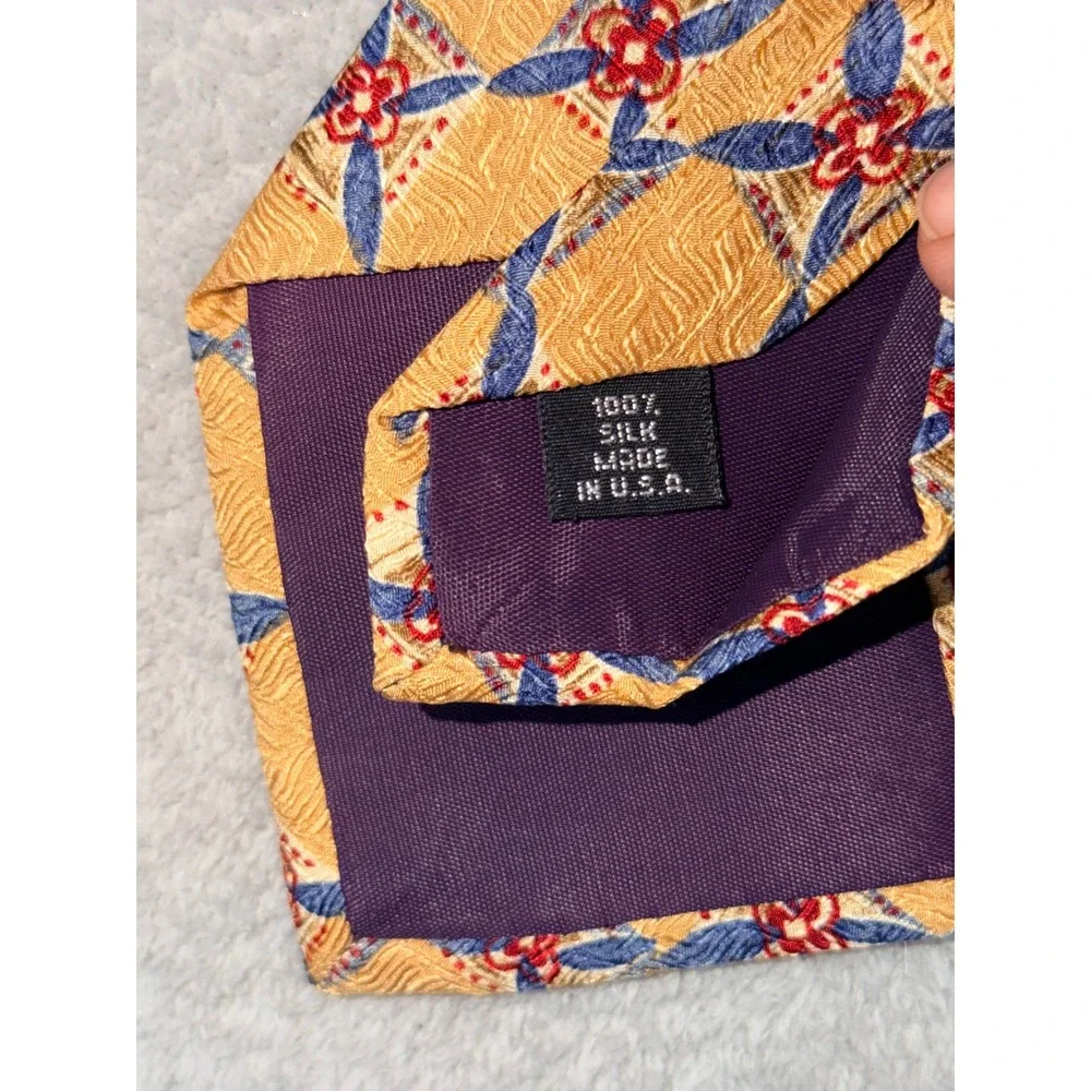 Jos A Bank Premier Collection Silk Tie Gold Navy Blue Geometric Lattice USA Made